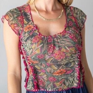 NWOT Natural Life Brianna Cotton Lettuce Trim Top Stretchy Mesh Boho MEDIUM